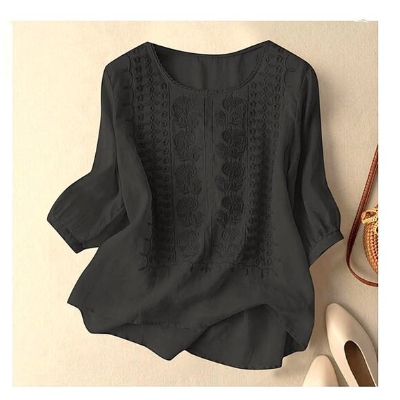 New WOMEN'S LINEN BLEND EMBROIDERED BOHO Blouse Top Black Sz Large - Picture 1 of 4